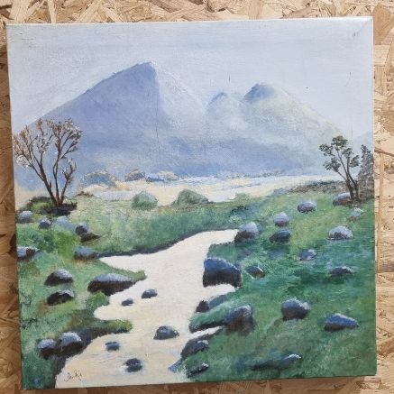 Origineel Schilderij 'Berglandschap met Kabbelende Beek' (40x40 cm) – Aukje Hut
