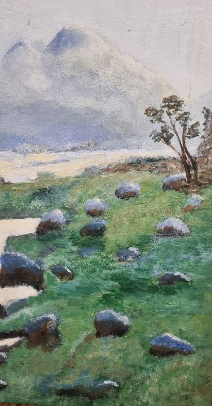 Origineel Schilderij 'Berglandschap met Kabbelende Beek' (40x40 cm) – Aukje Hut