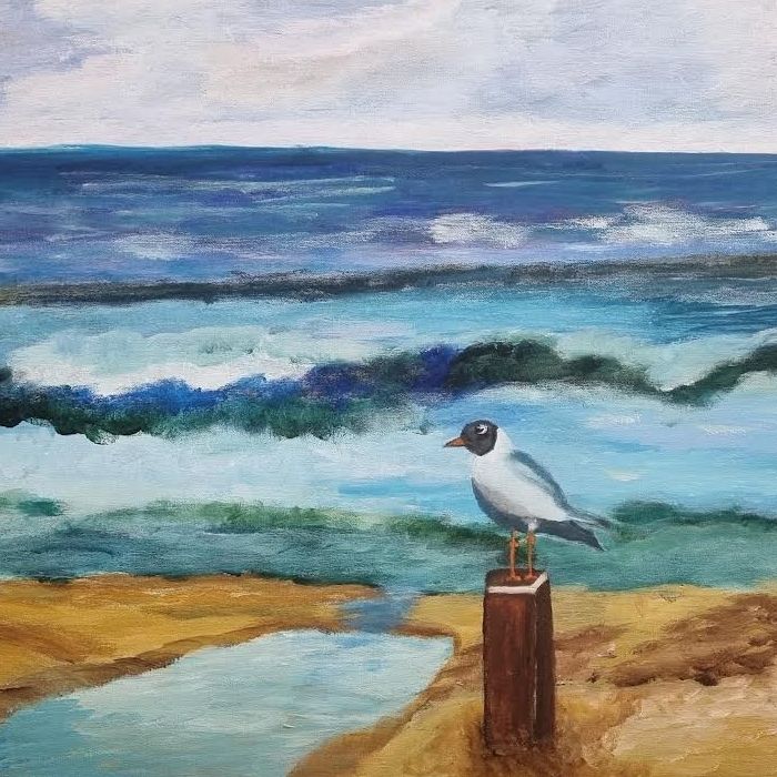 Origineel Schilderij 'Meeuw aan de Branding' (80x60 cm) – Aukje Hut