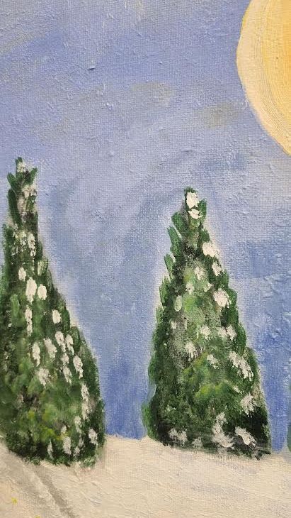 Origineel Schilderij 'Winterlandschap bij Volle Maan' (50x40 cm) – Aukje Hut