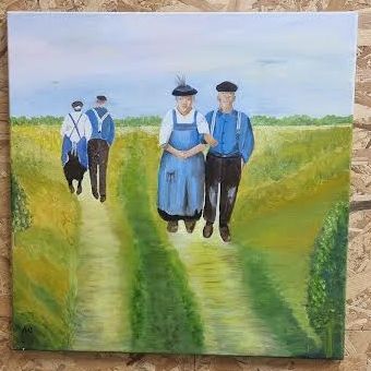Origineel Schilderij 'Wandeling in Klederdracht' (50x50 cm) – Aukje Hut